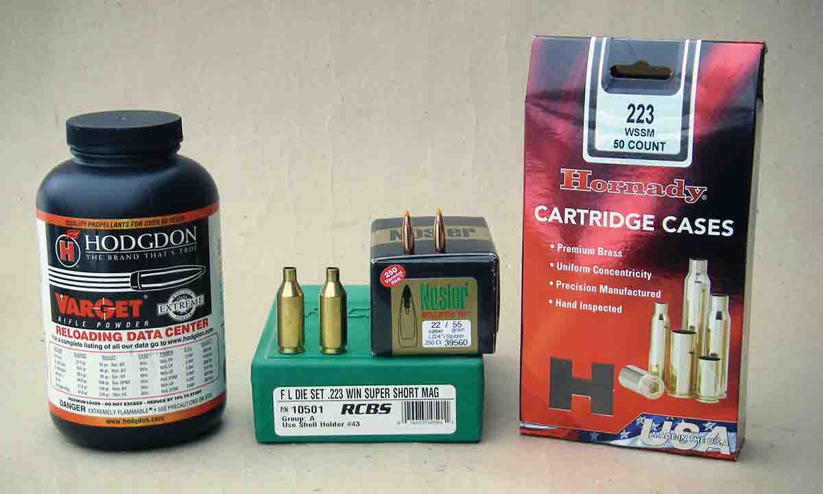 Winchester .223 Super Short Magnum cases are offered by Hornady. Hodgdon Varget is a good choice when used with the 55-grain Nosler Ballistic Tip bullet.